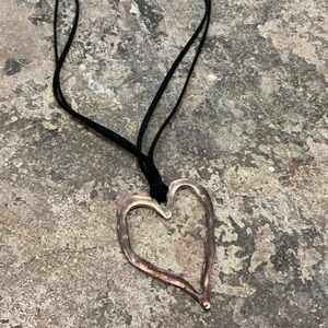Vintage Silver Heart Long Style Pendant Black Boho Chic Necklace - OBO